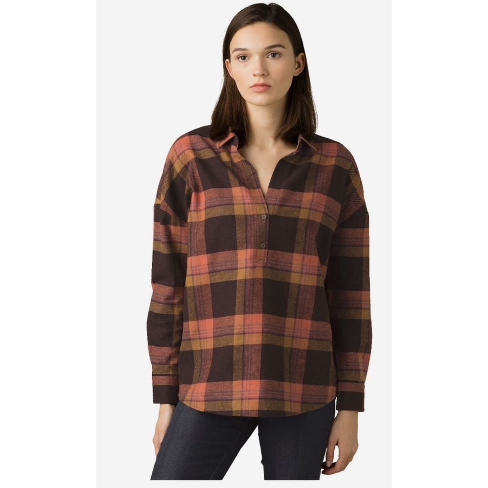 Prana Dante Henley Style Plaid Flannel Button Down Shirt